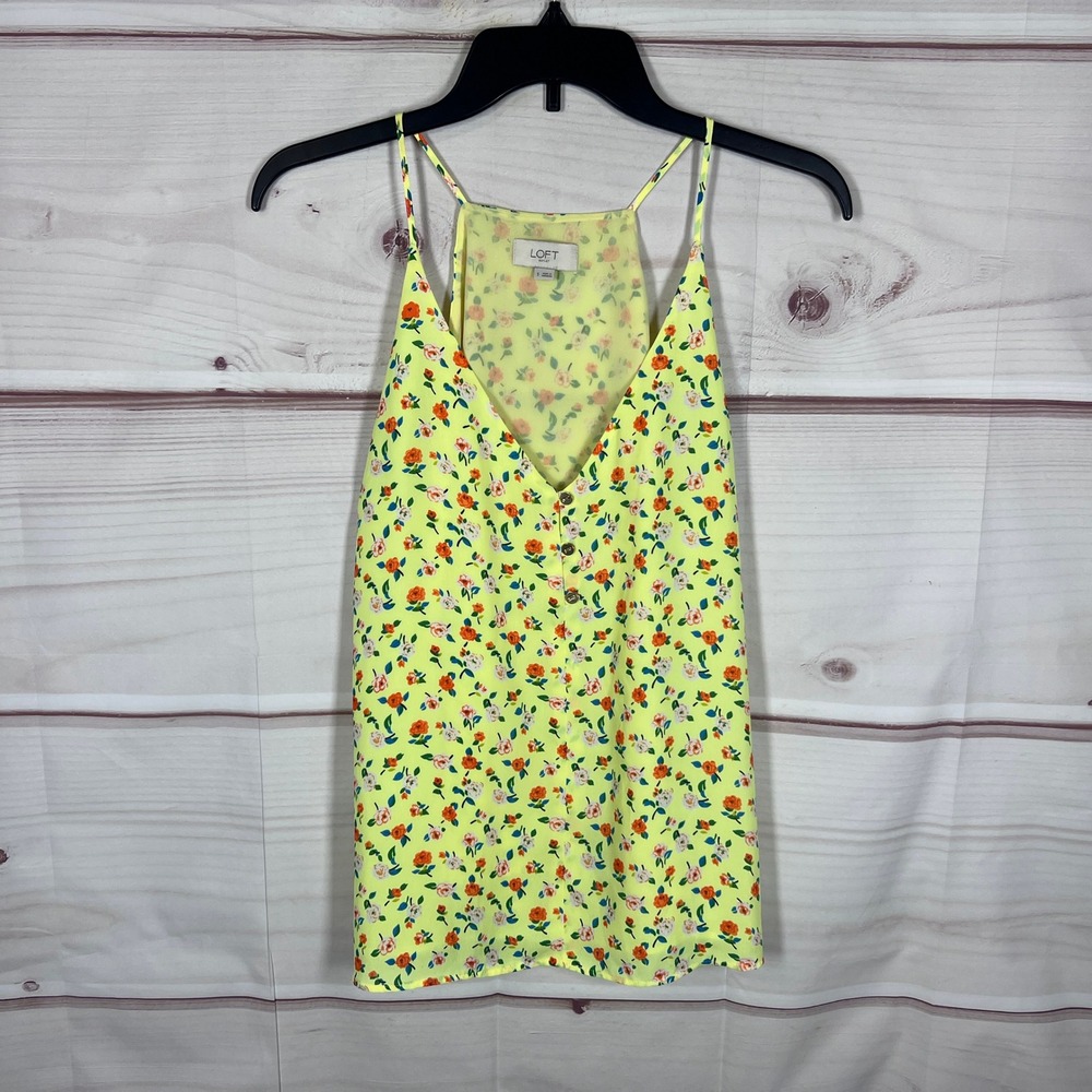 LOFT Cami Top Womens Small Yellow Floral Tank V-Neck Sleeveless Chiffon Lined